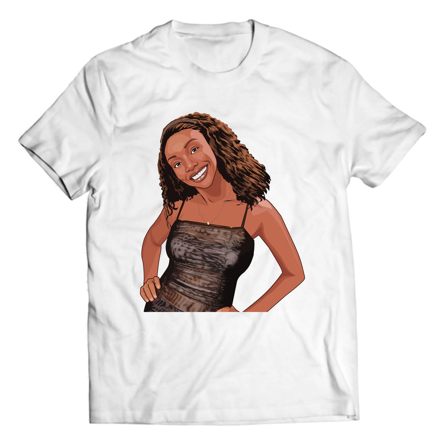 Smiling 90s-inspired R&B vocalist portrait on white crewneck graphic T-shirt, studio flat-lay mockup