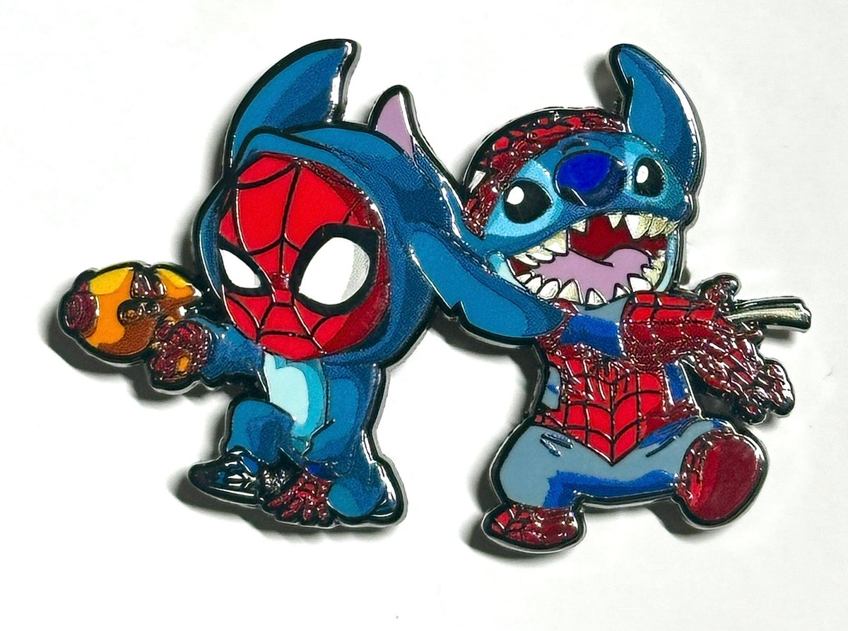 Blue alien masked web hero duo enamel pin in red and blue