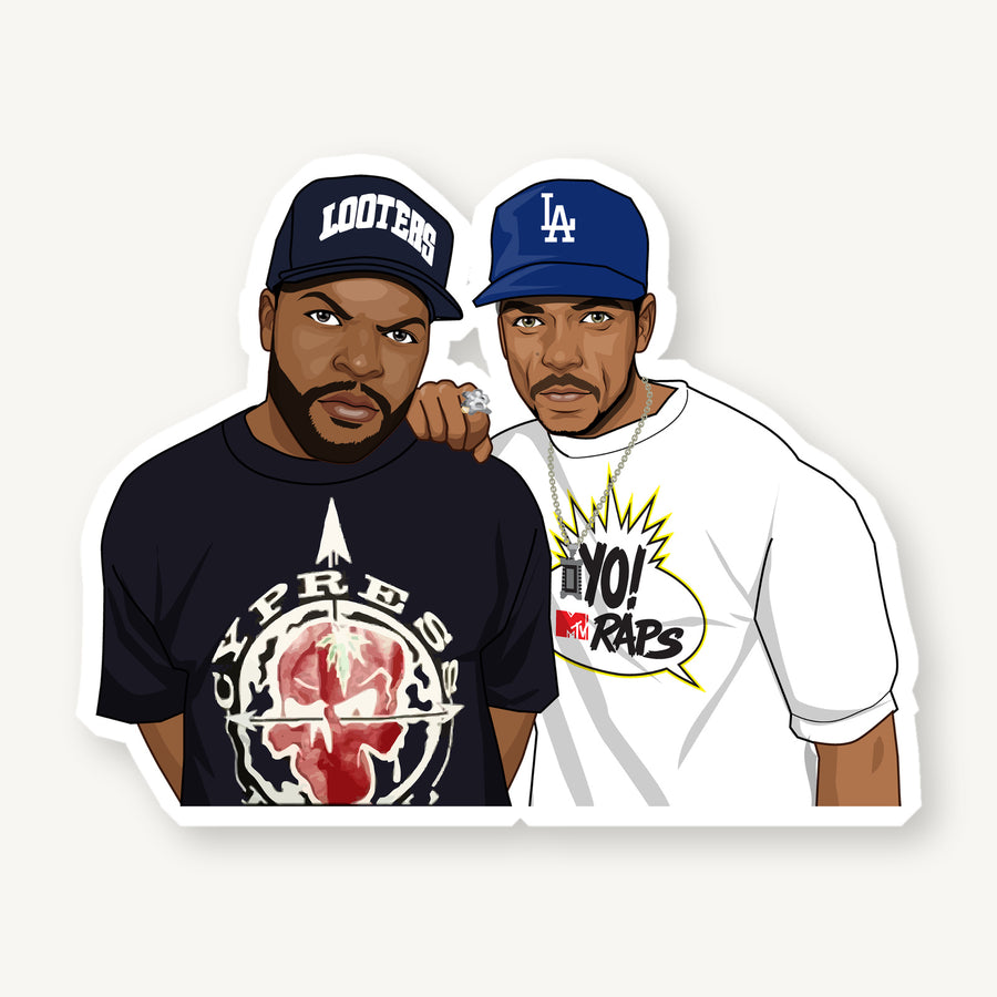Classic West Coast Rap Duo artwork on matte die-cut vinyl sticker with white border