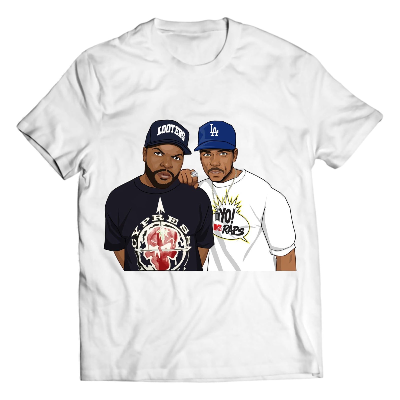 Classic West Coast music duo streetwear portrait on white crewneck graphic T-shirt, studio flat-lay mockup