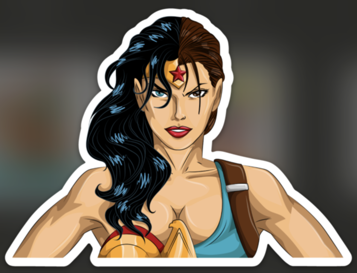Wonder Girl and adventure heroine split portrait comic mashup sticker design