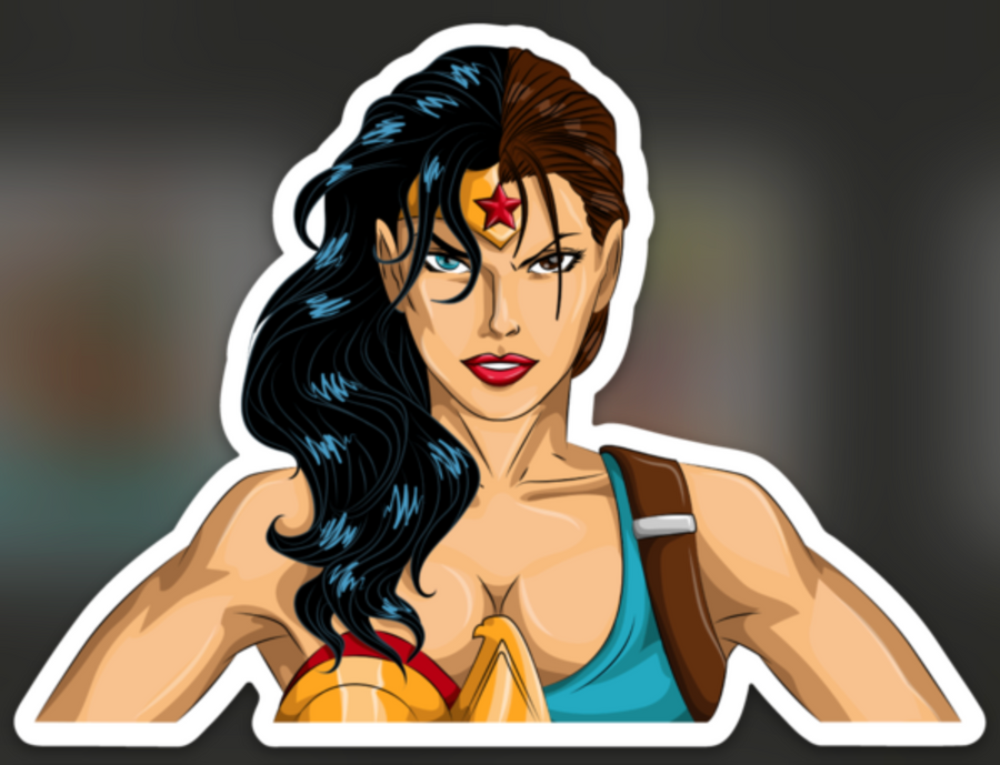 Wonder Girl and adventure heroine split portrait comic mashup sticker design