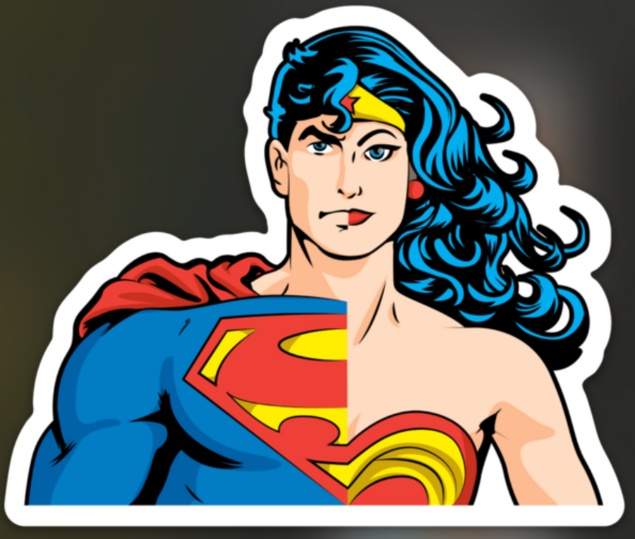 Wonder Girl and classic flying male superhero split portrait comic mashup sticker design