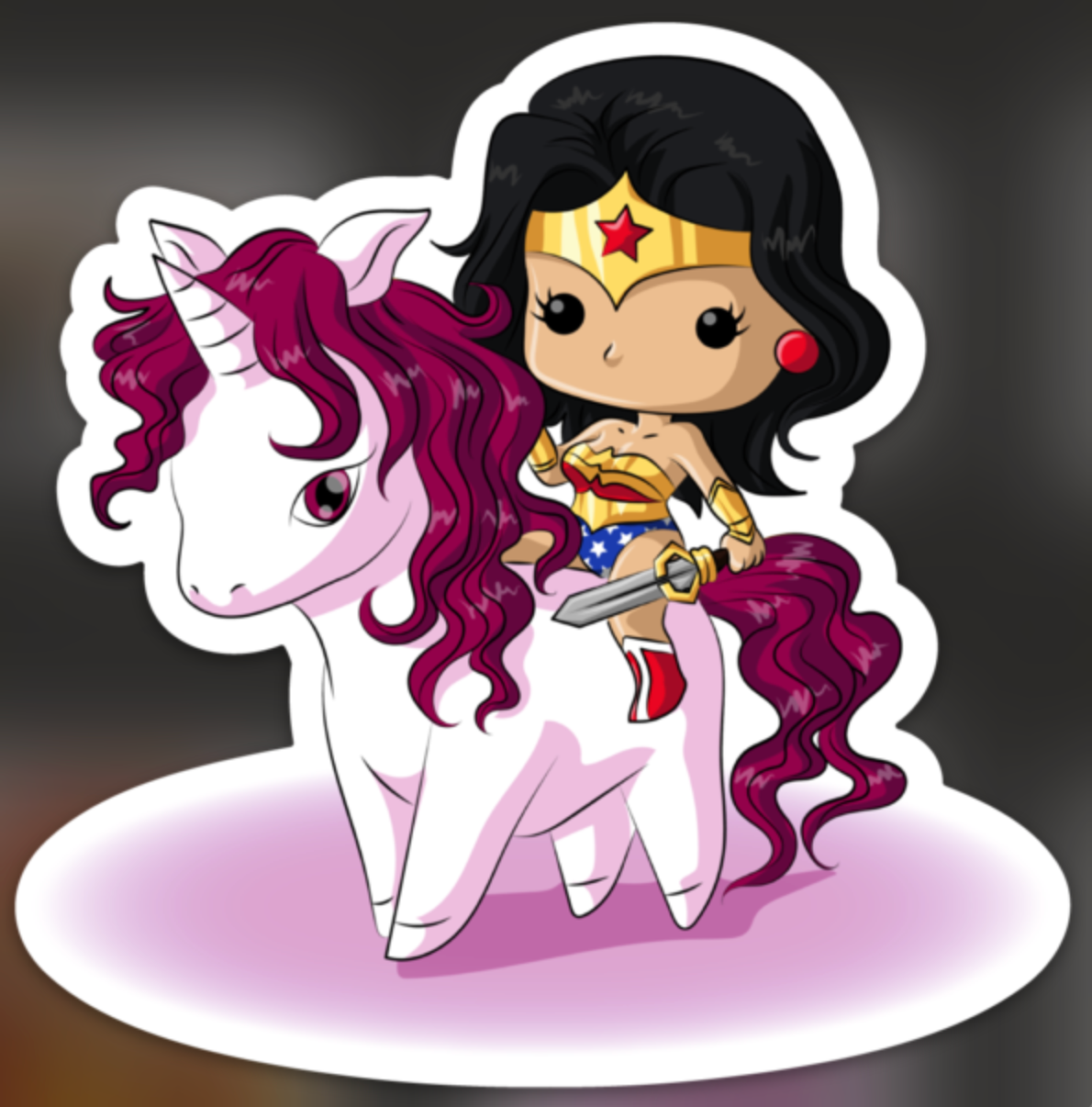 Cute Wonder Girl chibi superhero riding a white unicorn with magenta mane sticker design