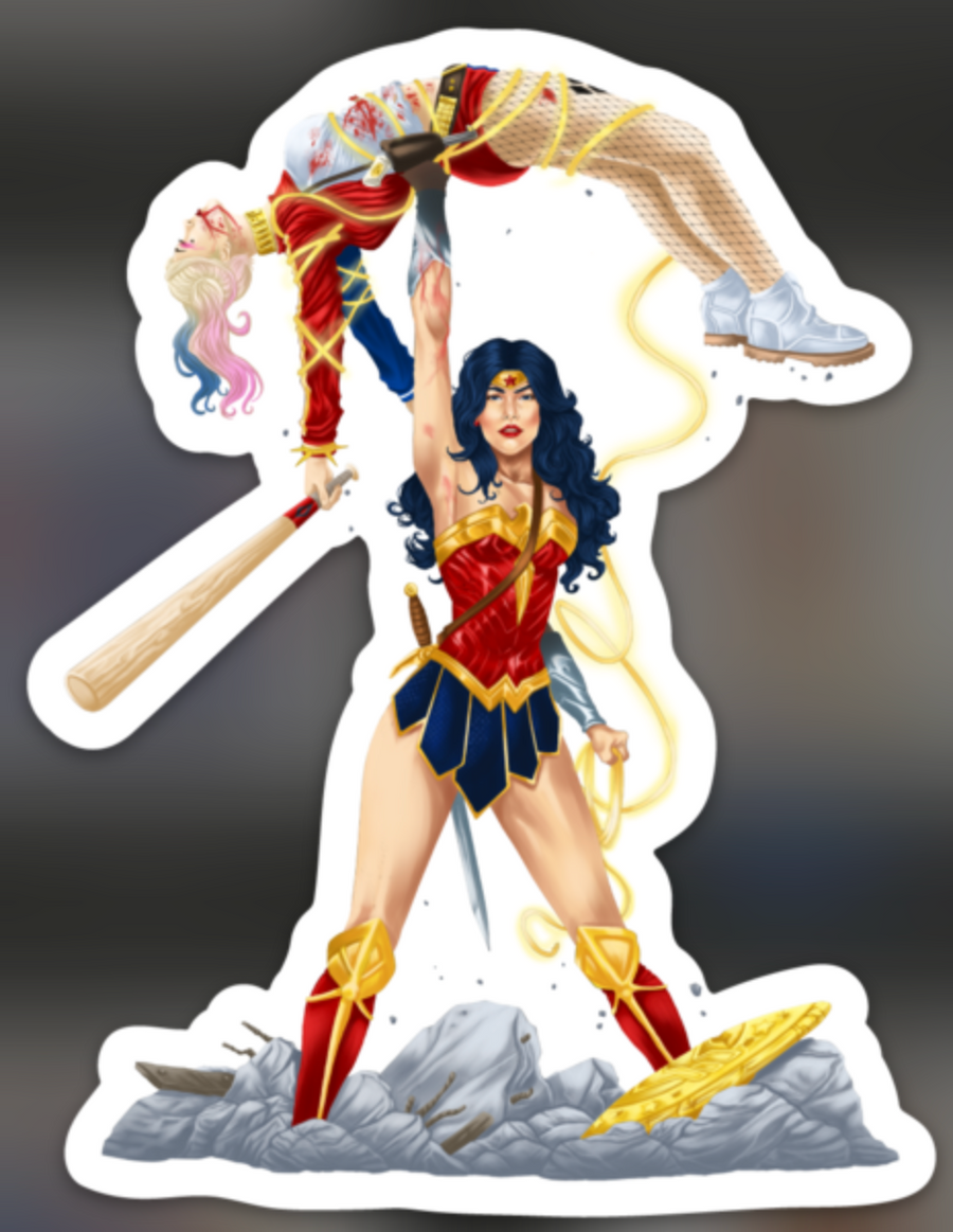Wonder Girl warrior heroine lifting another comic-style heroine overhead sticker design