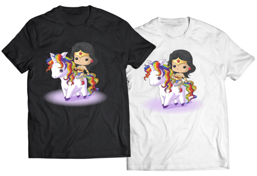 Wonder Girl rainbow unicorn graphic tee shown on black and white shirts