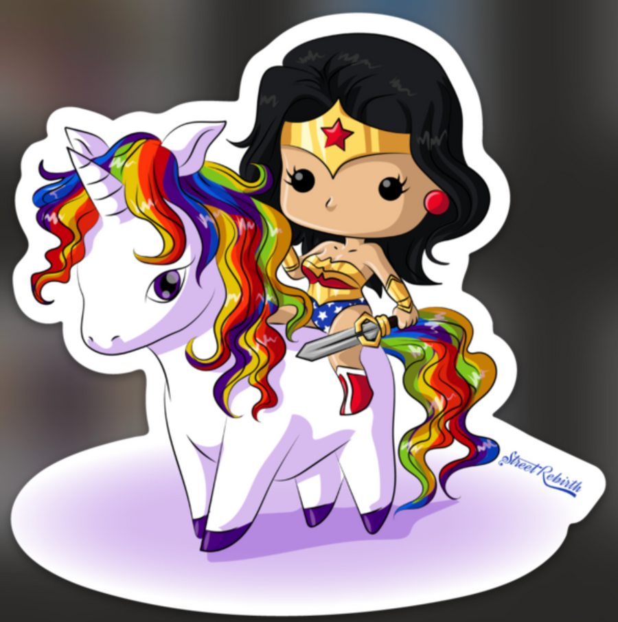 Cute Wonder Girl chibi superhero riding a white unicorn with rainbow mane sticker design