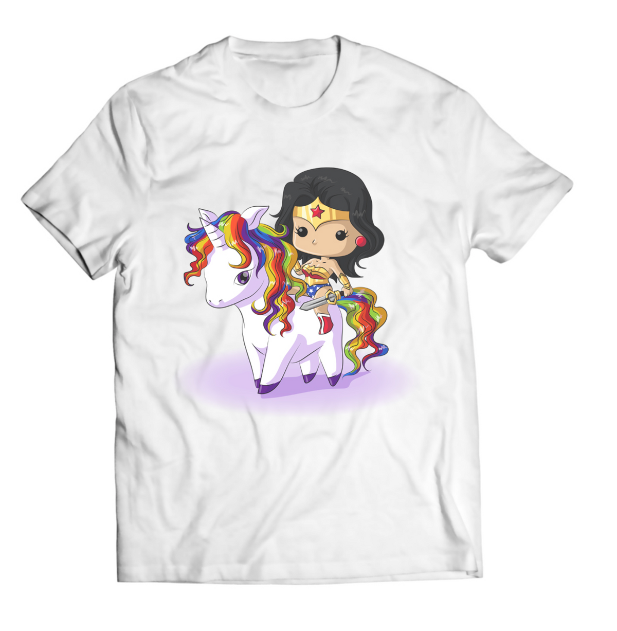 Wonder Girl rainbow unicorn graphic tee on a white shirt