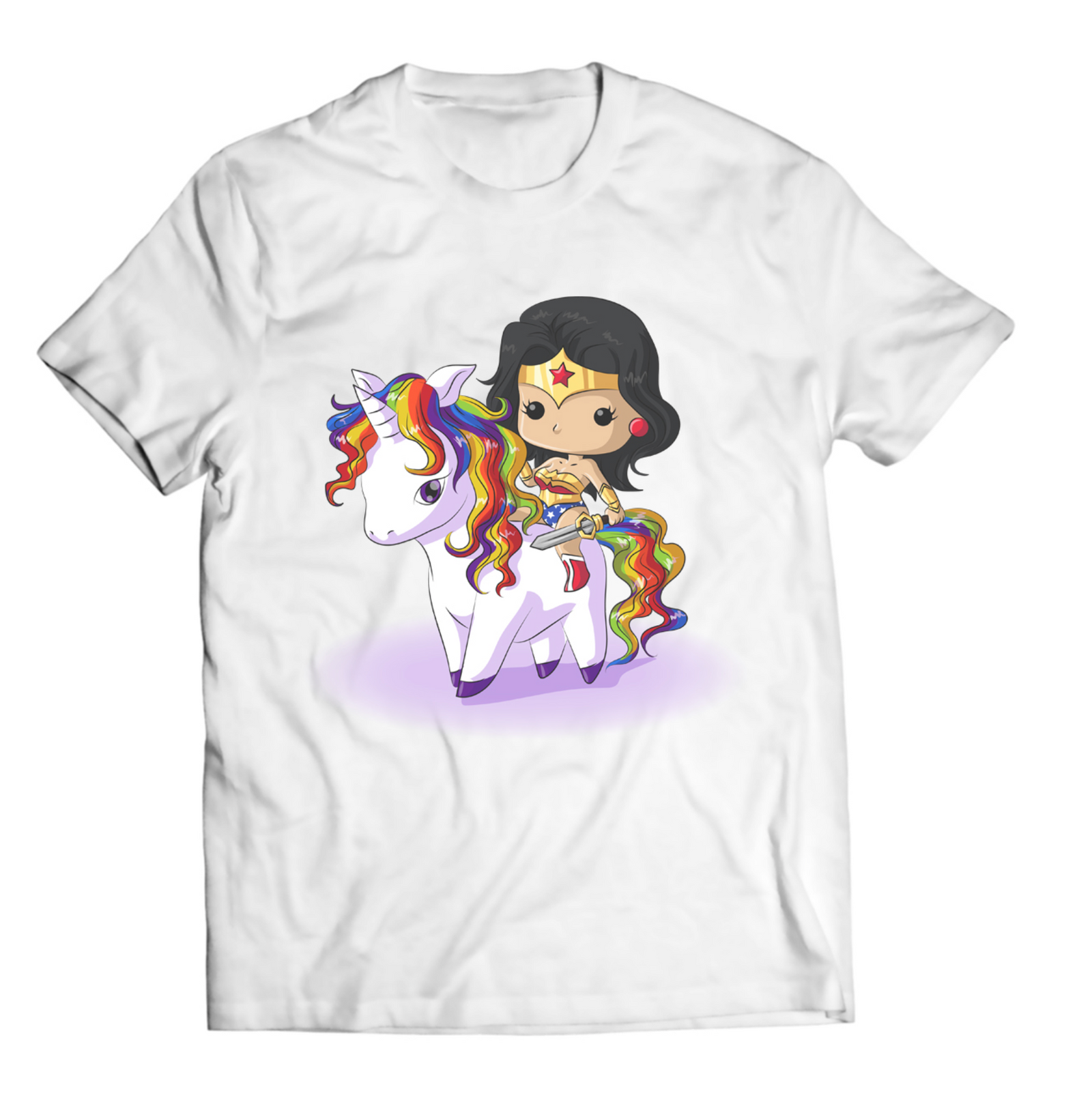 Wonder Girl rainbow unicorn graphic tee on a white shirt