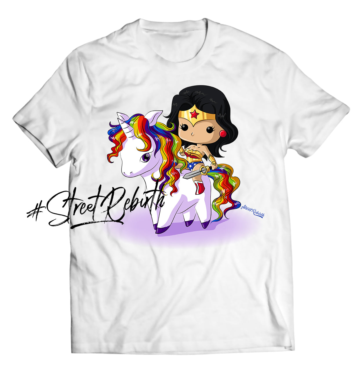 Chibi Wonder Woman Riding a Unicorn Shirt – Cute, Magical, and Mighty