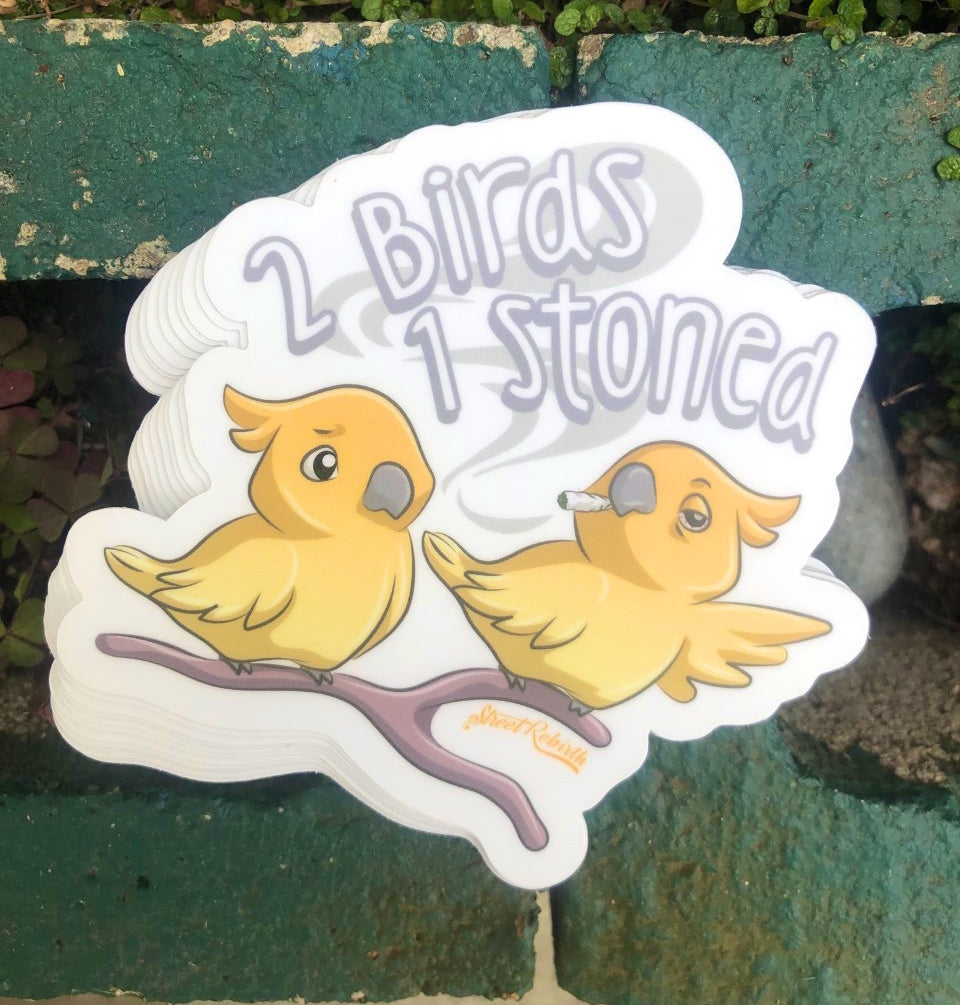 2 Birds 1 Stoned Pun Sticker – One 4 Inch Water Proof Vinyl Sticker – For Hydro Flask, Skateboard, Laptop, Planner, Car, Collecting, Gifting