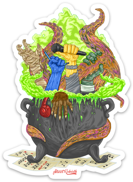 Waterproof vinyl sticker featuring an original spooky humorous illustration