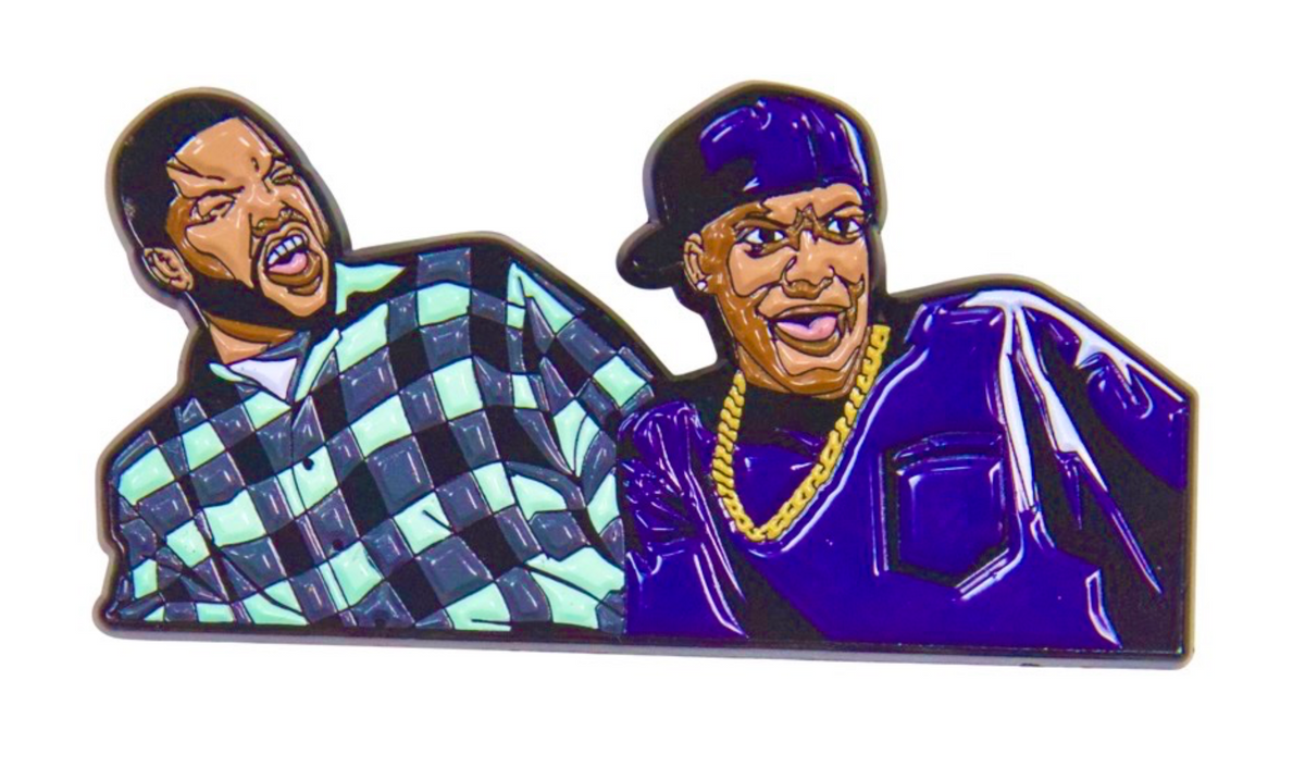 Collectible enamel lapel pin featuring an original humorous retro design