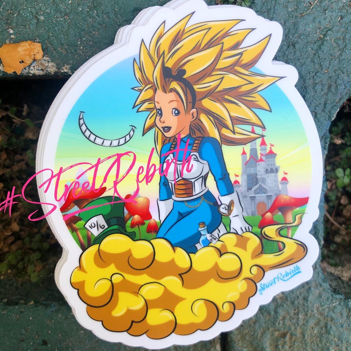 Alice In Wonderland Flying on a DBZ Nimbus Mashup Sticker– One 4 Inch Water Proof Vinyl Sticker – For Hydro Flask, Skateboard, Laptop, Planner, Car, Collecting, Gifting