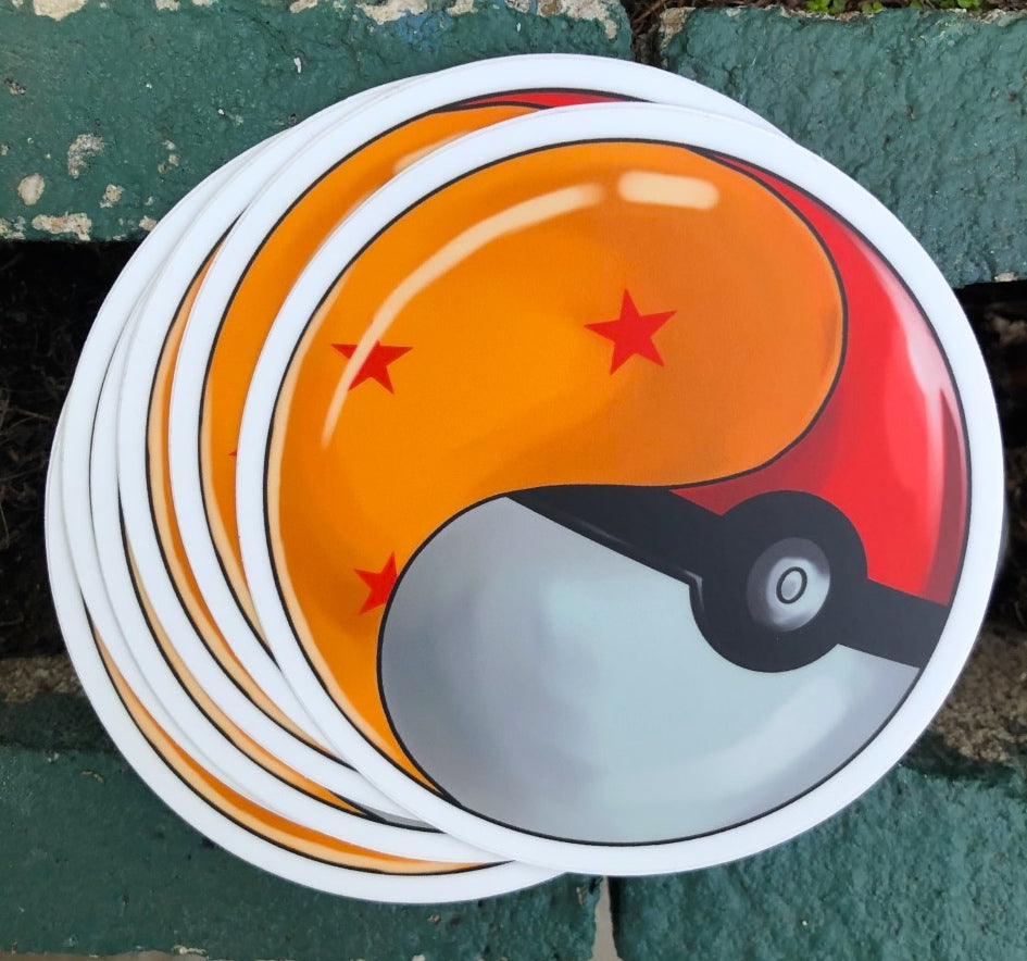 Half DBZ Pokemon Anime Balls Sticker – One 4 Inch Water Proof Vinyl Sticker – For Hydro Flask, Skateboard, Laptop, Planner, Car, Collecting, Gifting