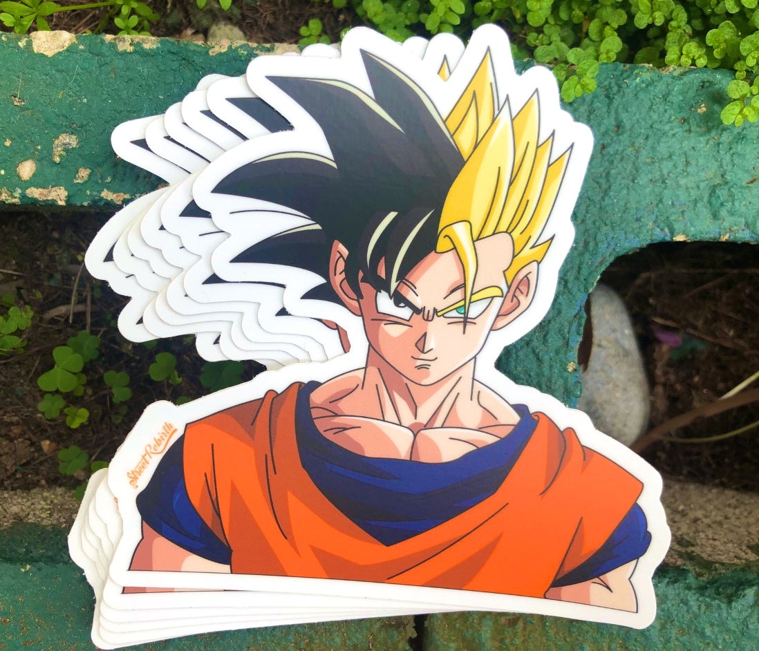 Half Goku Gohan Anime Mashup Sticker – One 4 Inch Water Proof Vinyl Sticker – For Hydro Flask, Skateboard, Laptop, Planner, Car, Collecting, Gifting