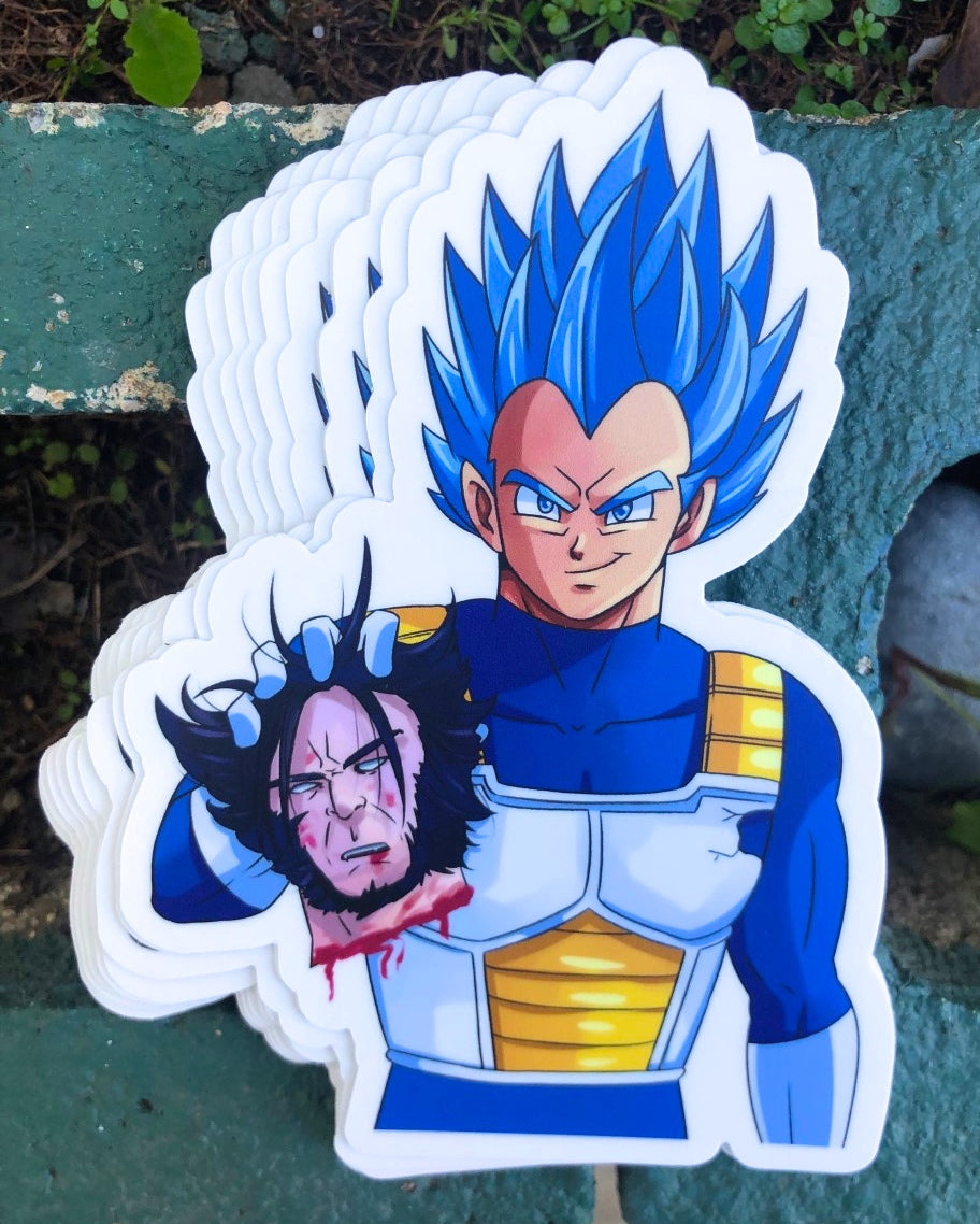 Vegeta VS Wolverine Anime Off With His Head Sticker – One 4 Inch Water Proof Vinyl Sticker – For Hydro Flask, Skateboard, Laptop, Planner, Car, Collecting, Gifting