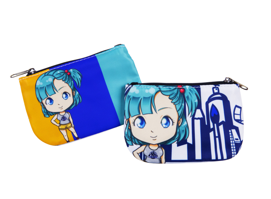 Compact coin purse with an original cartoon-style printed design