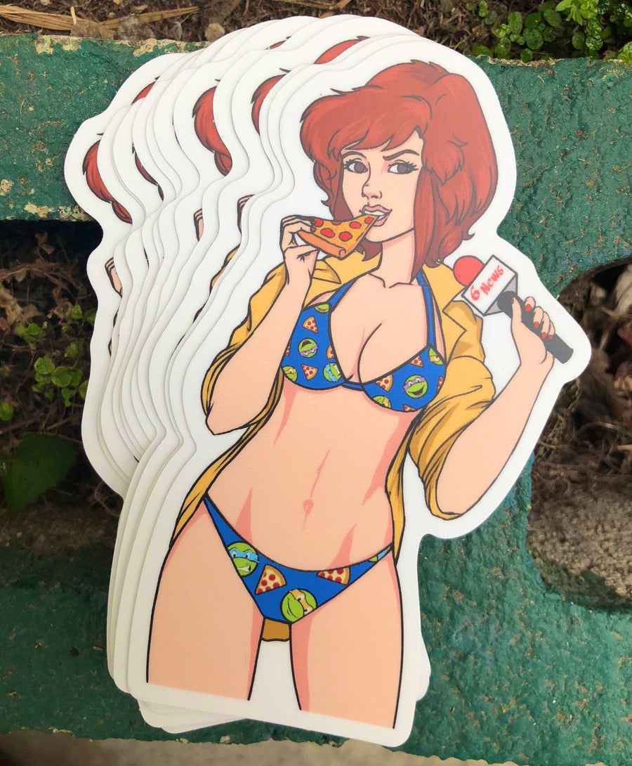 90s cartoon reporter in swimwear with a pizza lover twist, cheeky pinup style sticker