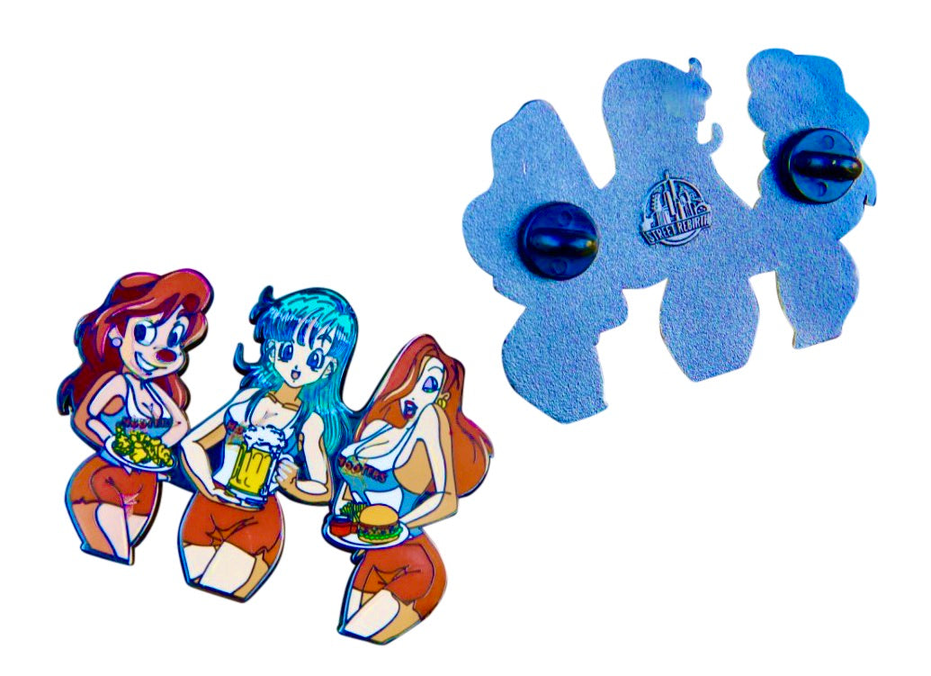 Roxanne, Bulma, and Jessica Rabbit Hooters Enamel Pin – Iconic Trio Serving Style and Nostalgia