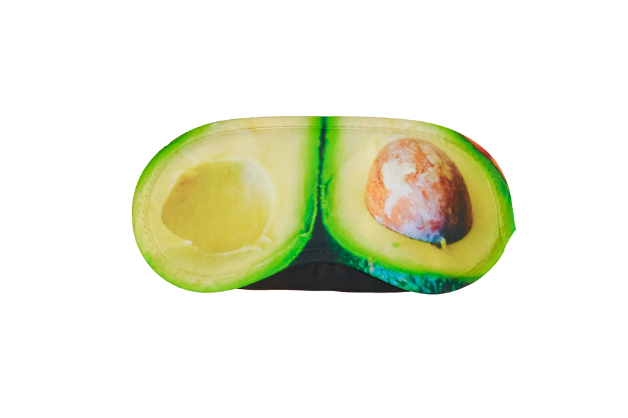 Reusable sleep eye mask with an original food-themed humorous printed design