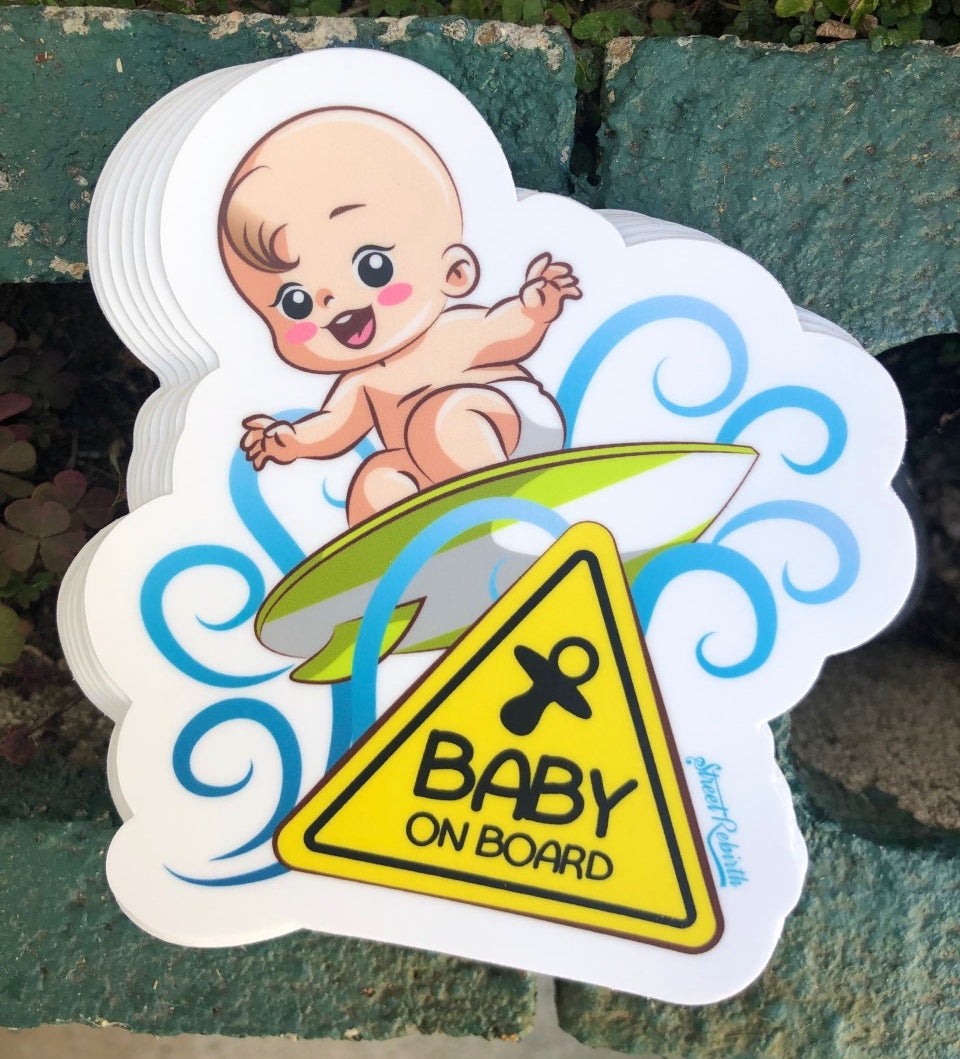 Baby On Board Surfing Sticker – One 4 Inch Water Proof Vinyl Sticker – For Hydro Flask, Skateboard, Laptop, Planner, Car, Collecting, Gifting