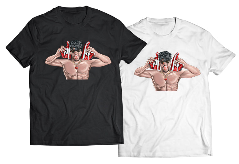 Sneaker Call – Bad Bunny Holding Jordan 1s to His Ears Shirt (Unisex Graphic Tee, Latin Trap x Sneaker Culture)