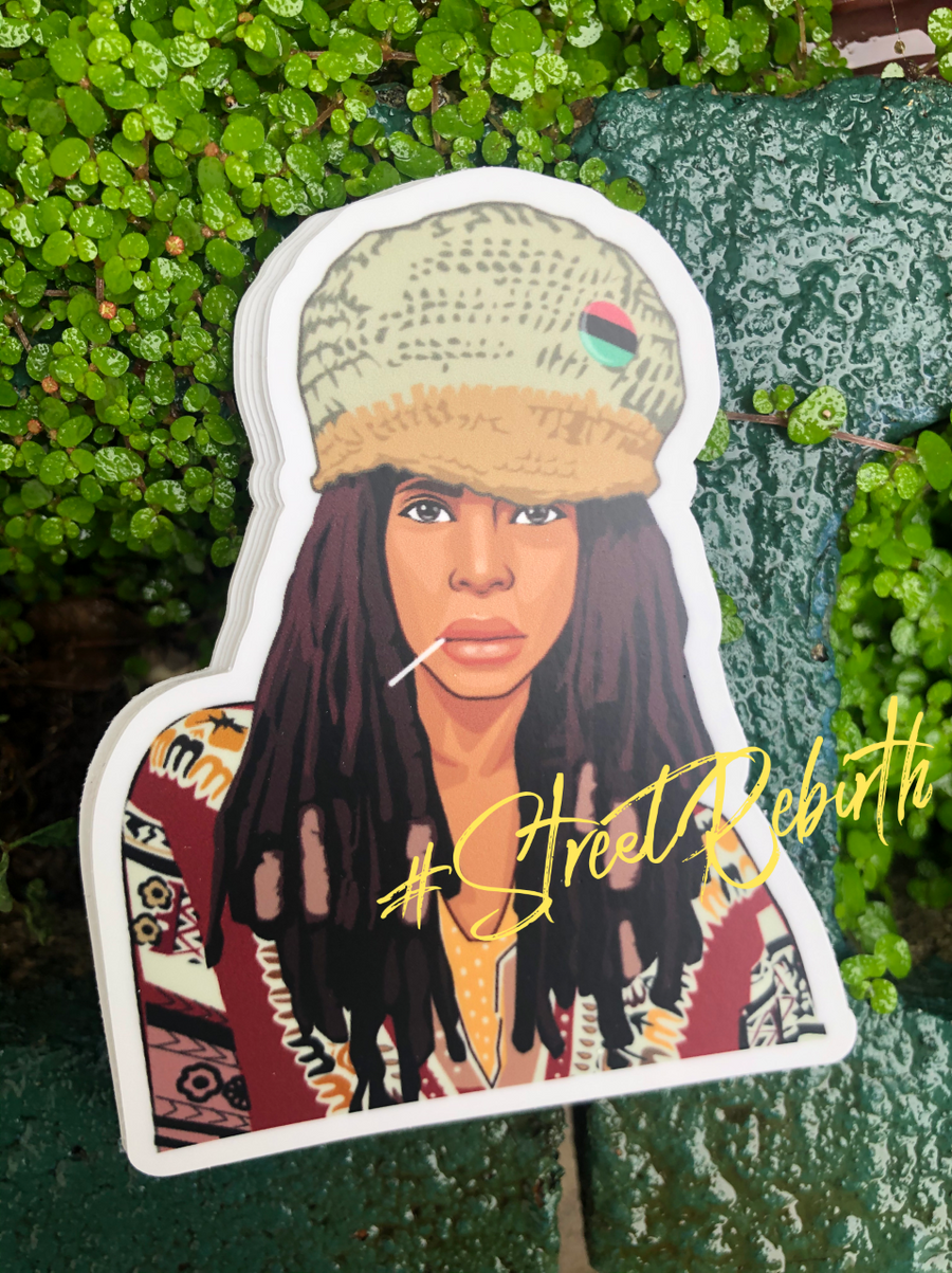 Neo soul songstress portrait sticker with a tall headwrap in bold flat color art