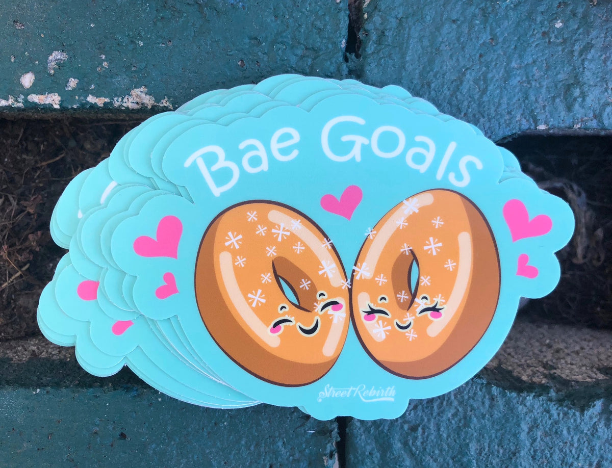 Bae Goals&quot; Bagel Pun Vinyl Sticker – Fun, Foodie-Inspired Humor for Your Collection – One 4 Inch Water Proof Vinyl Sticker – For Hydro Flask, Skateboard, Laptop, Planner, Car, Collecting, Gifting