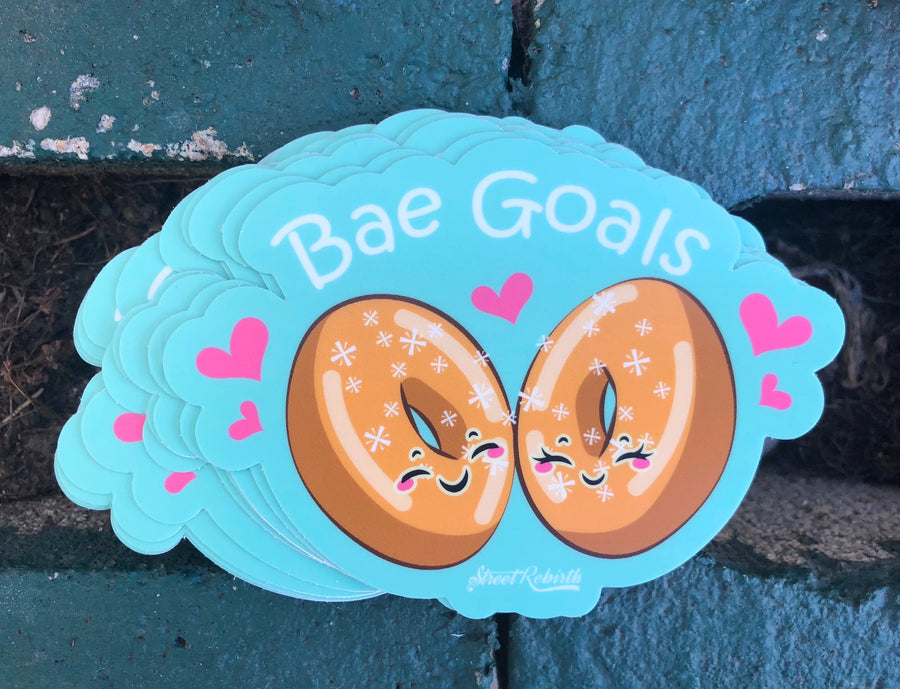 Funny food pun sticker turning bae goals into a bagel, 4 inch waterproof vinyl decal