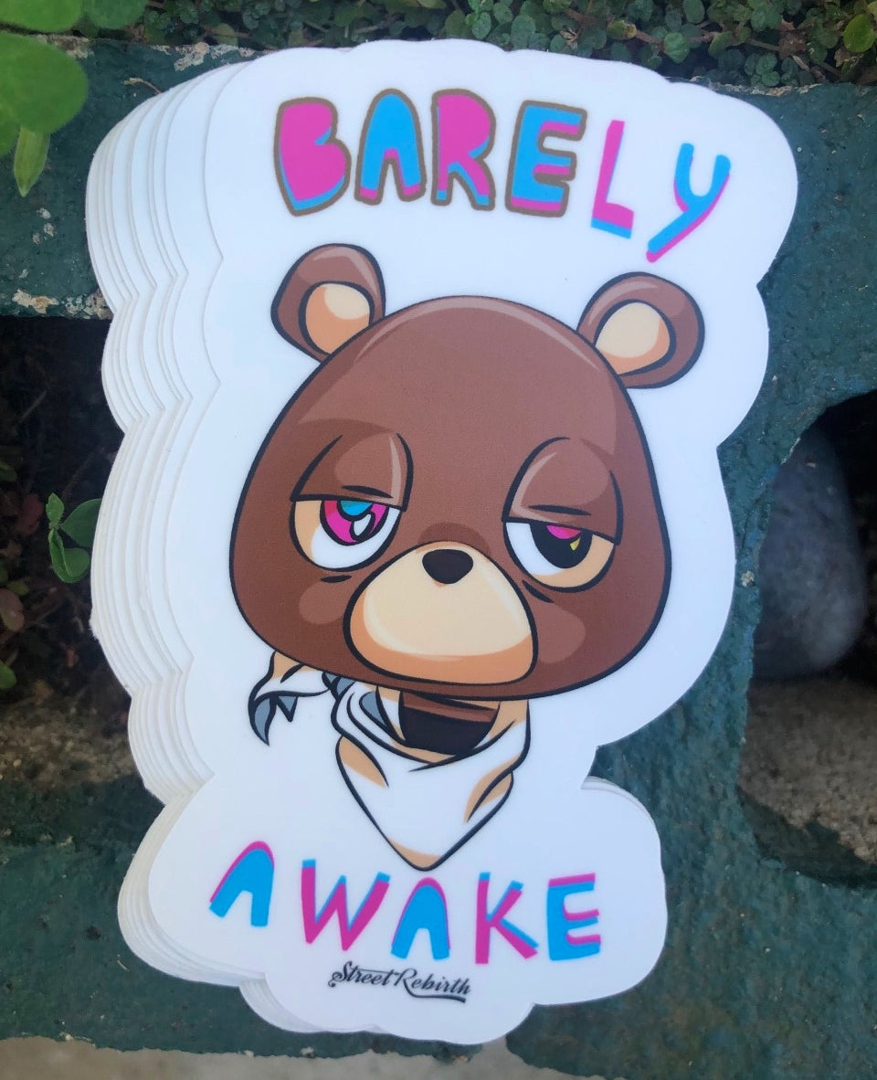 Barely Awake Kanye-Inspired Bear Sticker – A Playful Nod to Late-Night Hustlers – One 4 Inch Water Proof Vinyl Sticker – For Hydro Flask, Skateboard, Laptop, Planner, Car, Collecting, Gifting