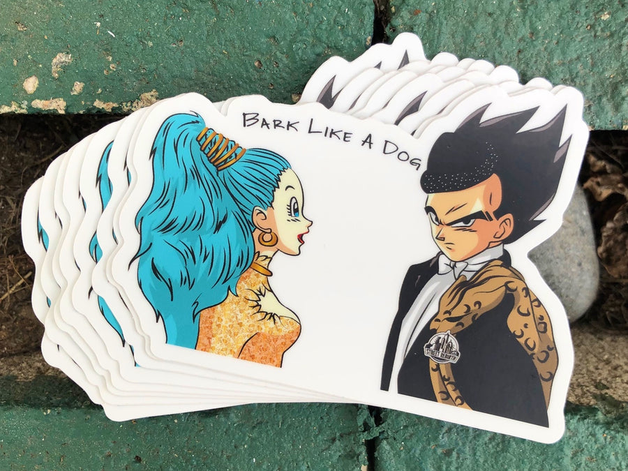 Anime mashup sticker of the saiyan prince and partner in a royal comedy crossover scene, 4 inch waterproof vinyl decal