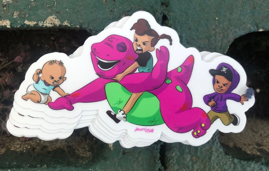 90s cartoon mashup sticker with a mischief kid crew taking on a purple dinosaur