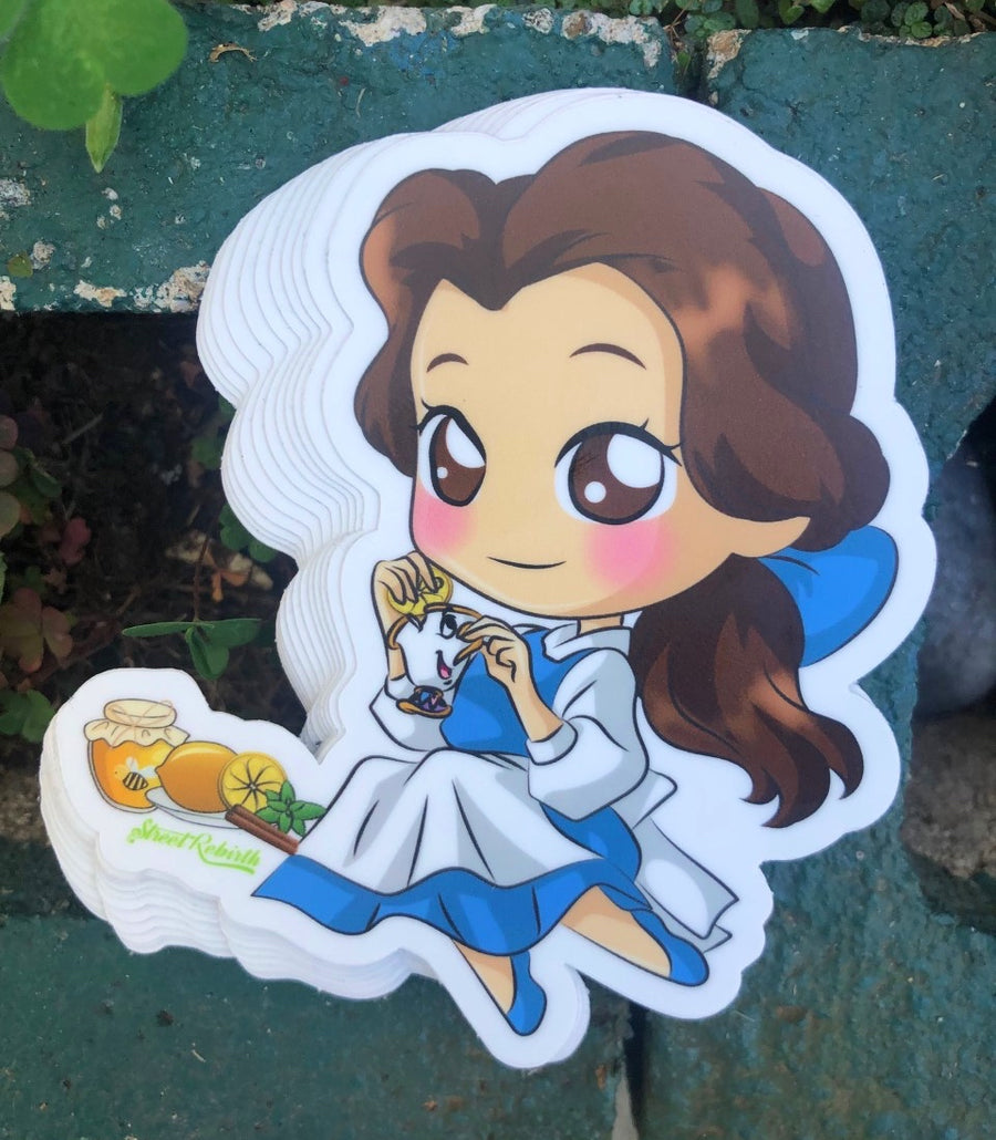 Chibi fairytale storybook girl holding a honey lemon tea, cute sticker art