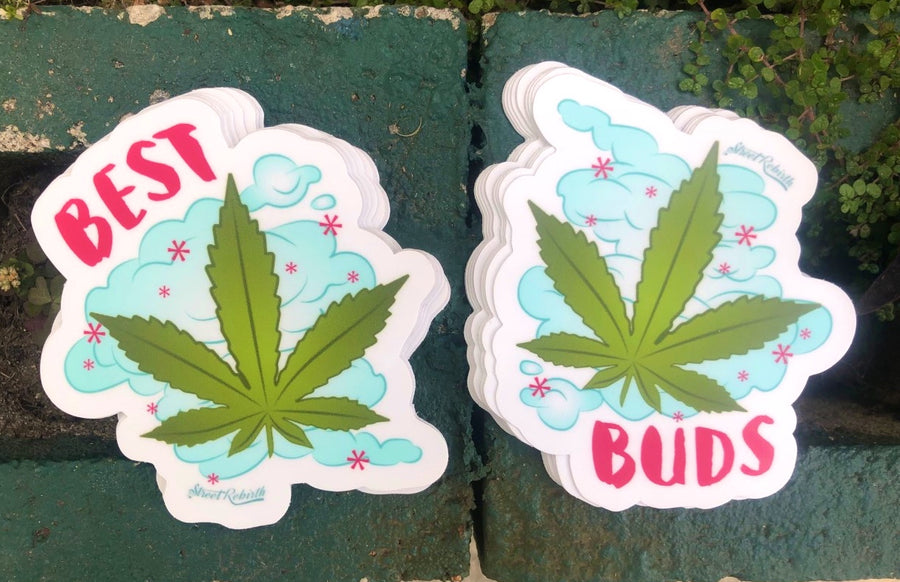 Best Buds two sticker set with matching cannabis leaf friendship pun art, 4 inch waterproof vinyl decals