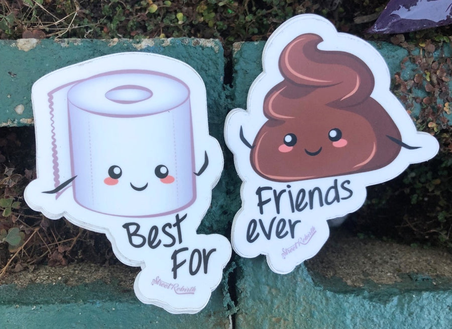 Funny best friends sticker with a toilet paper roll and a smiling poop character