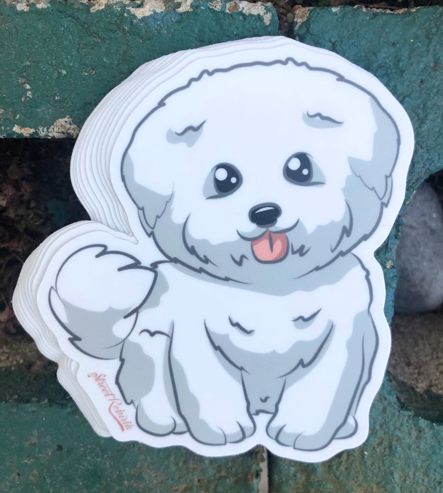 Cute fluffy white Bichon Frise puppy sticker in bold flat color art