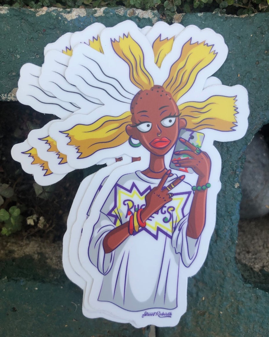 90s cartoon doll reimagined as a Black doll, bold flat color sticker art