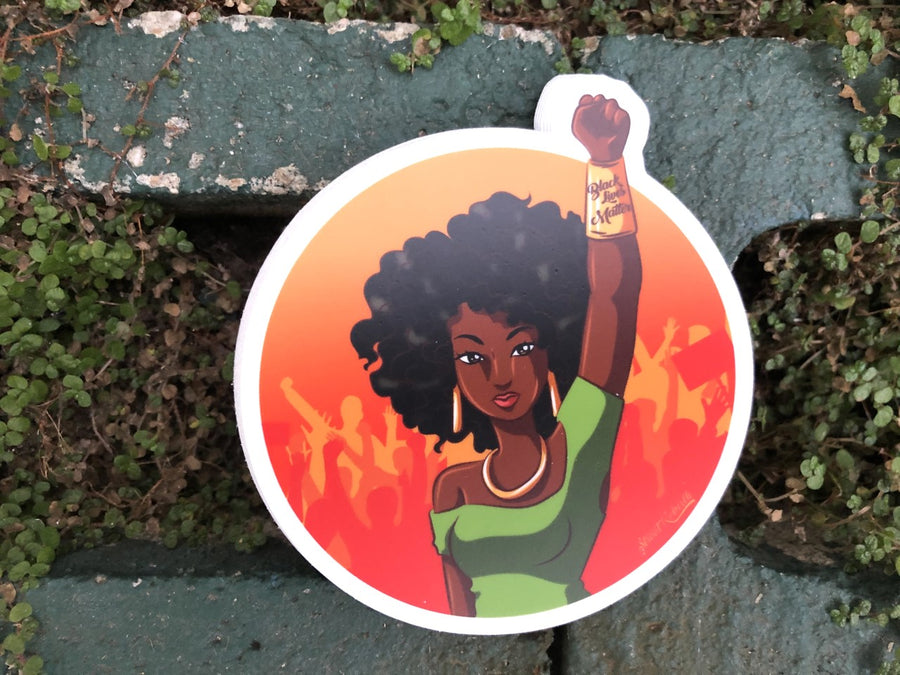 Black power raised fist sticker with empowered Black woman art