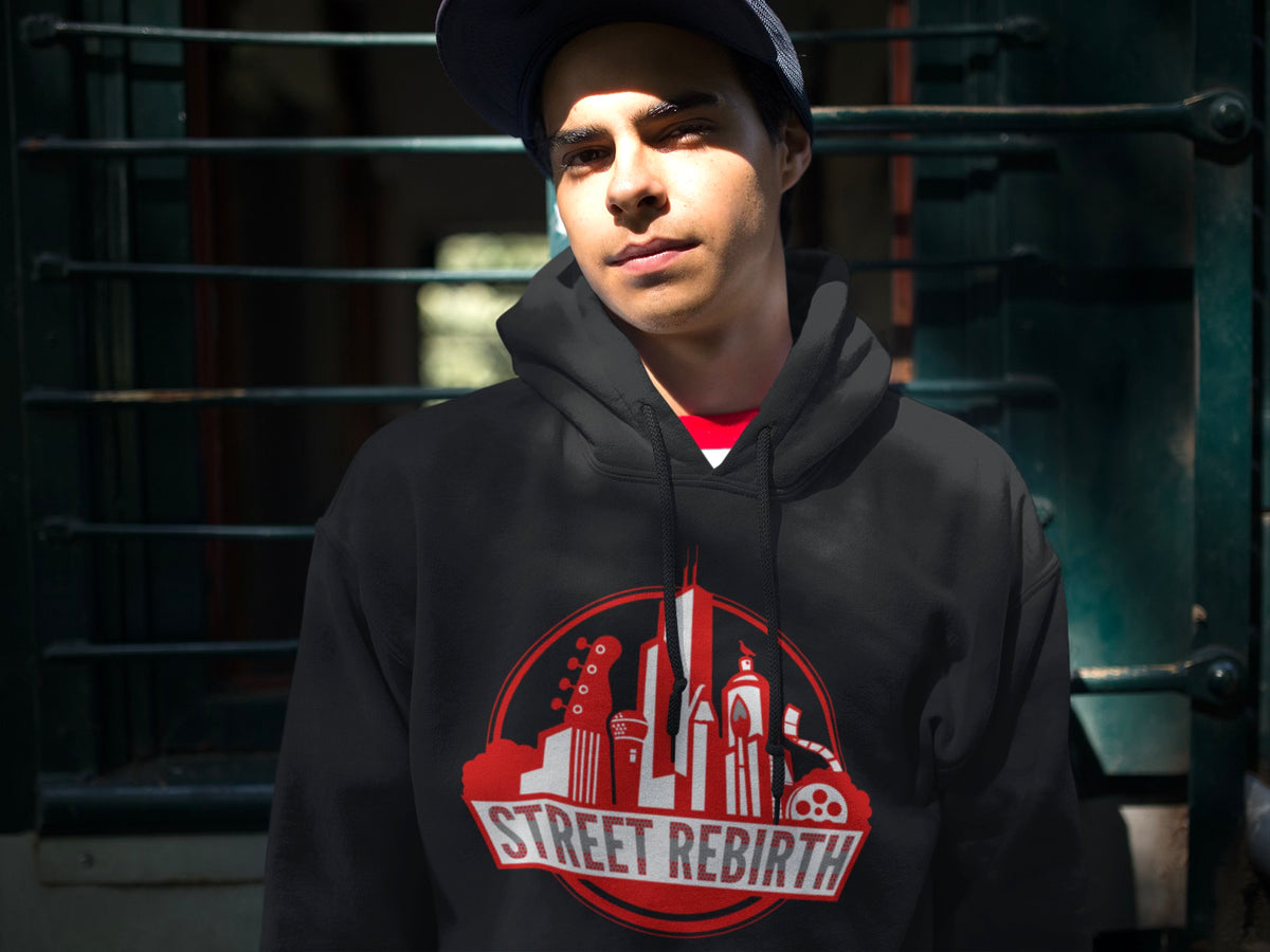 BLACK HOODIE - STREET REBIRTH SIGNATURE BRAND - MIX AND MATCH YOUR TOP AND BOTTOM- UNISEX - CREATE INSPIRE EMPOWER - MATCHING JOGGERS AVAILABLE