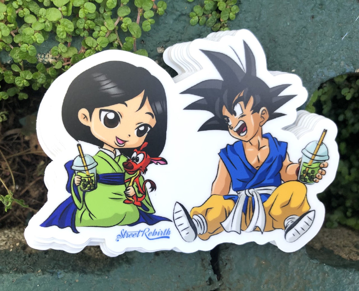 Kid Goku &amp; Kid Mulan Vinyl Sticker – Sharing Boba Tea Design