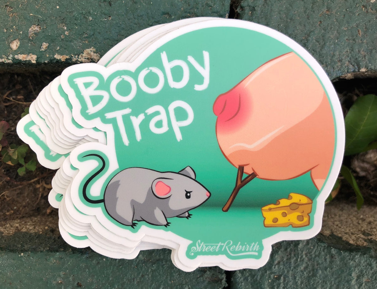 Booby Trap 4-Inch Sticker – Funny and Quirky Rat and Trap Design – One 4 Inch Water Proof Vinyl Sticker – For Hydro Flask, Skateboard, Laptop, Planner, Car, Collecting, Gifting