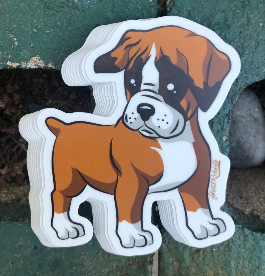 Cute chibi Boxer puppy sticker in bold flat color cartoon art