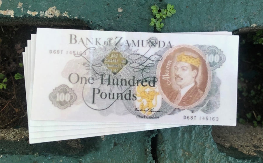 Funny movie money sticker styled as fictional kingdom currency