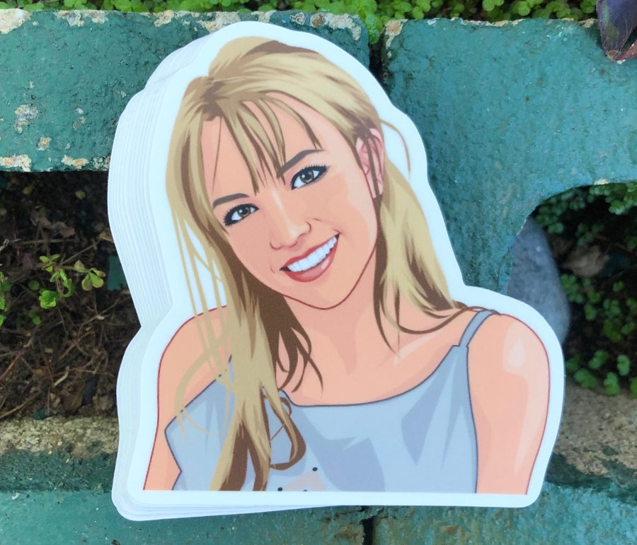 90s pop singer portrait tribute sticker in bold flat color art