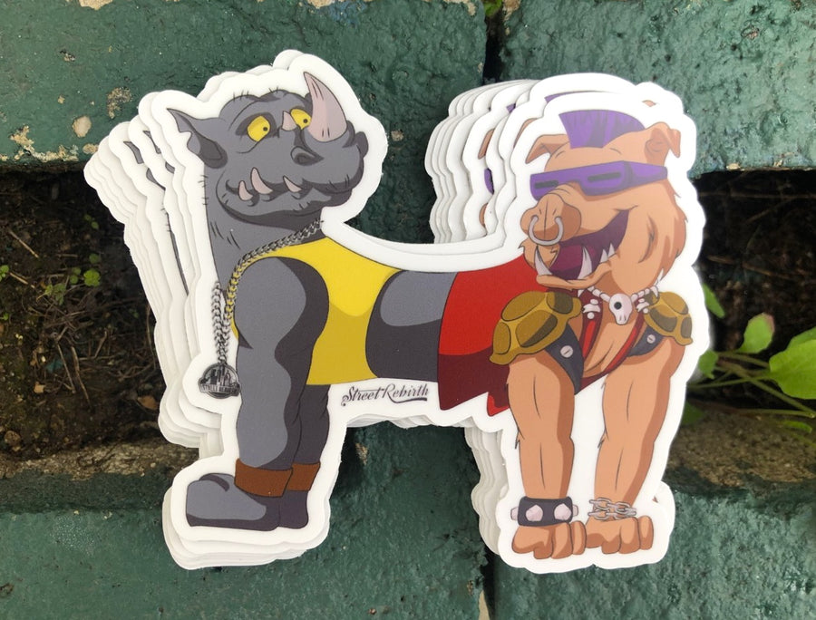 90s cartoon mashup sticker fusing two mutant henchmen into a conjoined cat dog