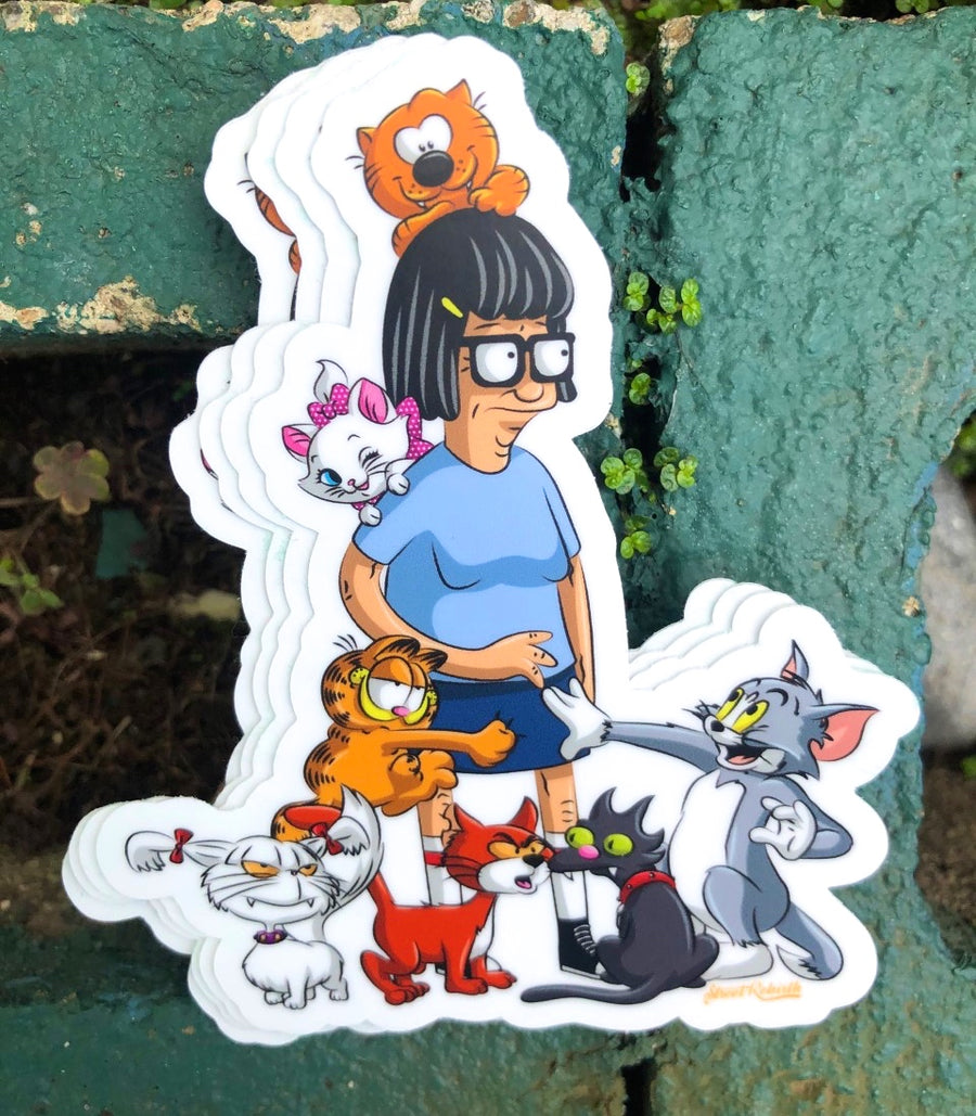 Cat lady mashup sticker with an awkward cartoon teen surrounded by cats