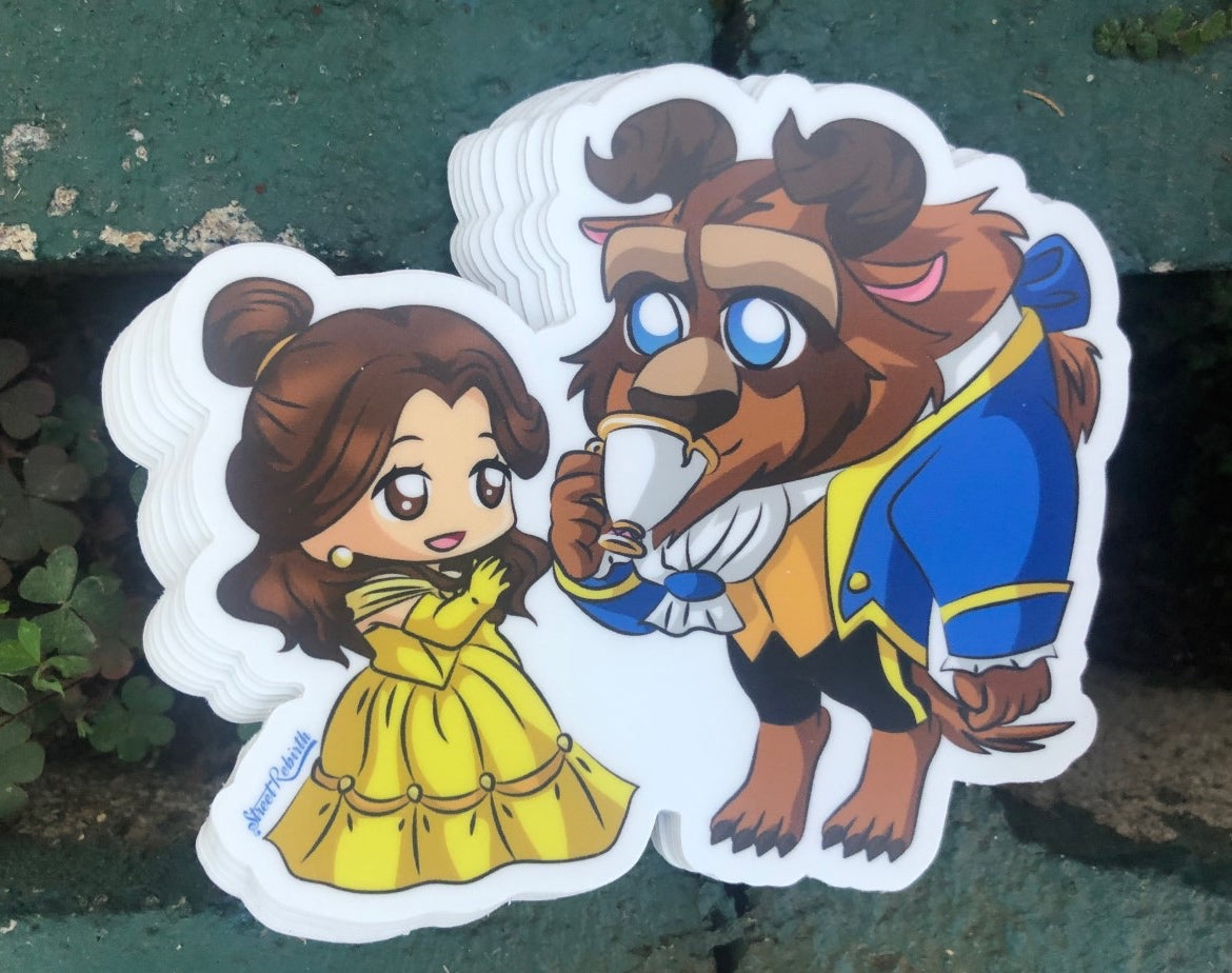 Chibi Beauty and the Beast Vinyl Sticker – A Cute and Enchanting Fairy Tale Mashup