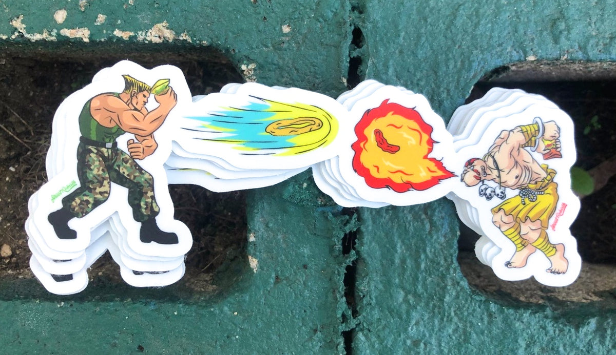 Guile vs. Dhalsim Funyun and Hot Cheeto Vinyl Sticker – A Tasty Twist on Street Fighter