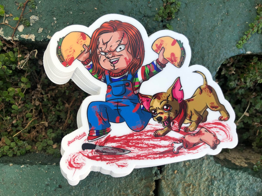 Waterproof vinyl sticker featuring an original spooky food-themed humorous illustration